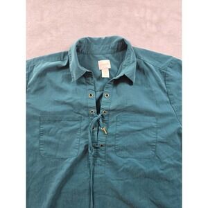 Chicos Top Shirt Blouse Womens Petite 2P Teal Blue Green Lace Up Pockets
